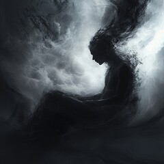 Fototapeta premium Silhouette humaine sombre assise dans un nuage tourbillonnant, ambiance éthérée et mystérieuse, lumière tamisée et effet artistique abstrait