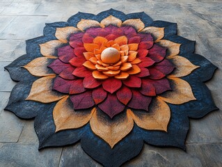 A vibrant floral mandala pattern on a stone surface with intricate leaf details