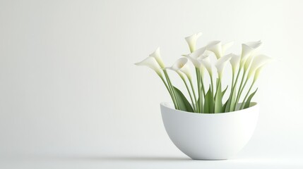 White calla lilies in a bowl, minimalist background, peaceful scene, ideal for home decor