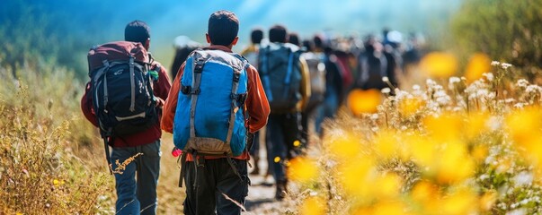 Obraz premium a group of hikers walking along a path in a grassy field, their backpacks full of supplies. They are walking in single file, with the leader in the front. The path is narrow and winding.