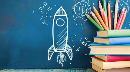 An Engaging Back - To - School Scene: Books, Pencils, and a Rocket Sketch. This captivating visual combines essential school supplies like books and pencils with an exciting rocket sketch