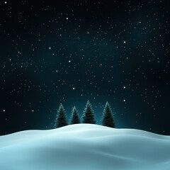 Naklejka premium serene winter landscape featuring snow covered hills and evergreen trees under starry night sky, evoking sense of tranquility and peace