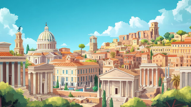Parallax background Ancient Rome city isometric cartoon cityscape. Separated vector layers of Capitol, basilica, Castrum, Medicorum, Harbor, Roman Amphitheater, forum, taberna and insula buildings