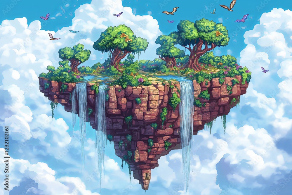 Poster A floating island with waterfalls cascading into the clouds, surrounded by flying creatures