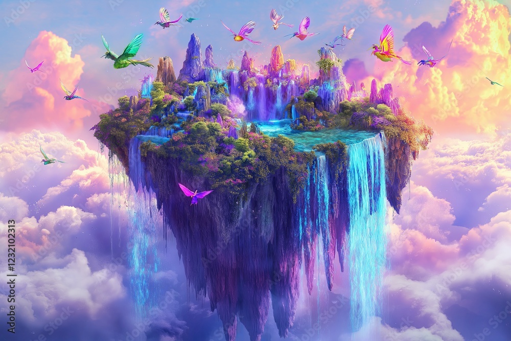 Poster A floating island with waterfalls cascading into the clouds, surrounded by flying creatures