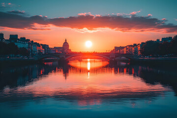 Naklejka premium City sunset, bridge reflection, river calm