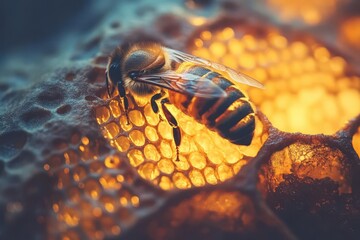extreme macro photography of honeybees working on golden honeycomb cells, capturing intricate details and natural lighting