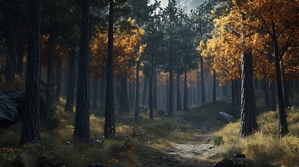 A serene forest scene with autumn foliage and a winding path.