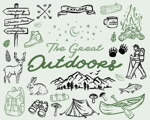 Beautiful whimsical hand drawn style The Great Outdoorsillustration set, vector element collection