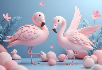 Fototapeta premium Pastel Pink Flamingos: A Delicate 3D Artistic Scene