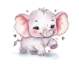 Cute Watercolor Baby Elephant with Hearts