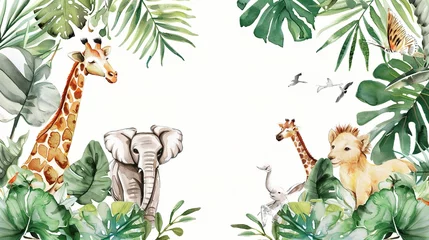 Papier peint photo A Charming Watercolor - Style Animal Border: A Delightful Visual Element for Creative Projects. This unique border, painted in a soft and vivid watercolor style, features an array of charming animals