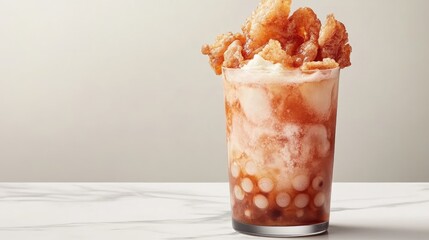 A glass of bubble milk tea topped with crispy pork belly slices, blending sweet and savory flavors.