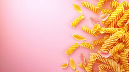 Obraz premium Colorful Pasta Twists and Shapes on Soft Pink Background for Culinary Inspiration