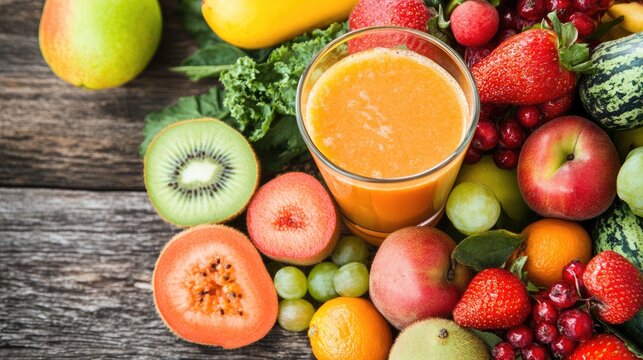 A glass of fresh fruit juice made from exotic, locally grown ingredients.