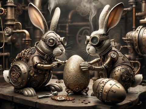 Steampunk vintage easter bunny with eggs, Rabbits with Mechanical Gears and Easter Eggs in Victorian Workshop