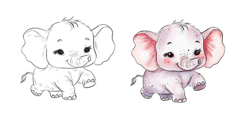 Cute Baby Elephant Illustration in Black and White and Color