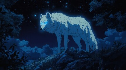 Glowing wolf at night, forest background; fantasy art