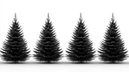 Obraz premium Four black silhouette Christmas trees arranged in a row against a white background. Simple, elegant, and minimalist design, suitable for holiday