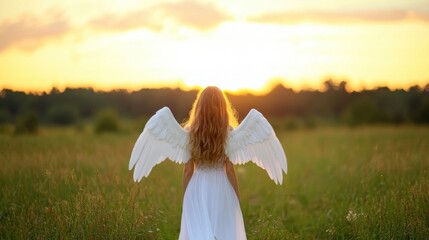 Ethereal girl with massive white angel wings standing in field at sunset, radiating serene and magical atmosphere