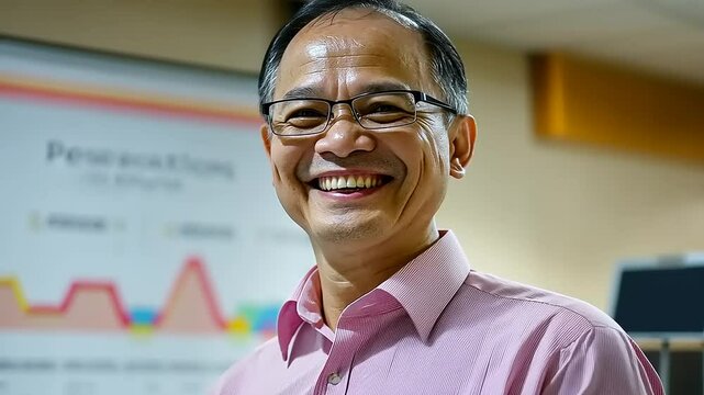 Cheerful businessman in a pink shirt smiling in an office with graphs in the background