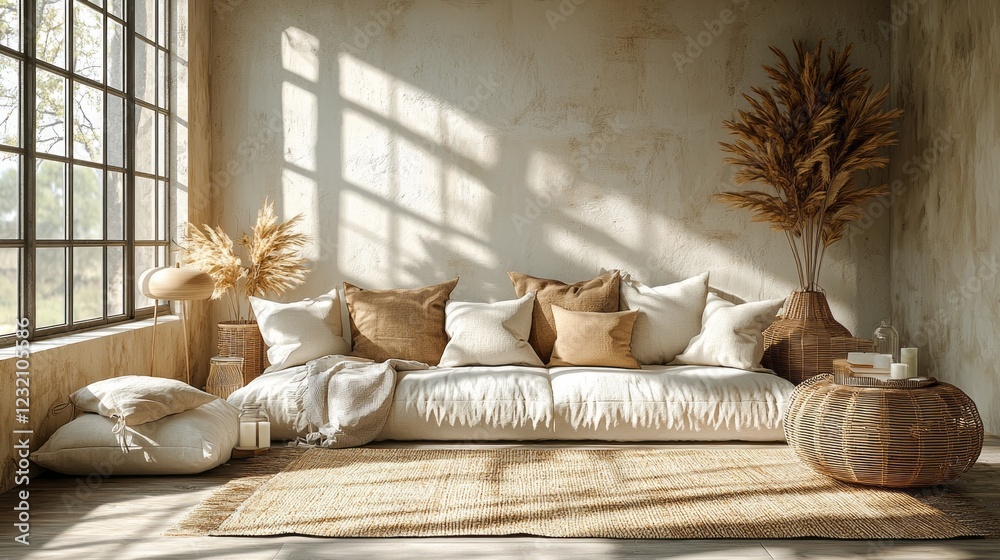 Poster soft sunlight filters through large windows, illuminating a minimalist living room adorned with plus