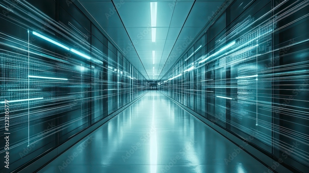 Poster abstract image of a futuristic server room with glowing data streams on the walls and a reflective f