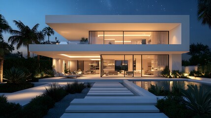 Obraz premium Minimalist white villa illuminated at night showcases geometric design with floor-to-ceiling windows, warm interior glow, and landscaped pathways amid tropical plants under starry sky.