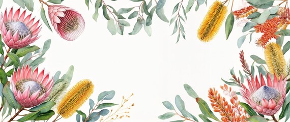 Watercolor Floral Border Frame with King Protea, Banksias, and Eucalyptus Leaves on White Background. Elegant Botanical Arrangement with copy space, social media cover