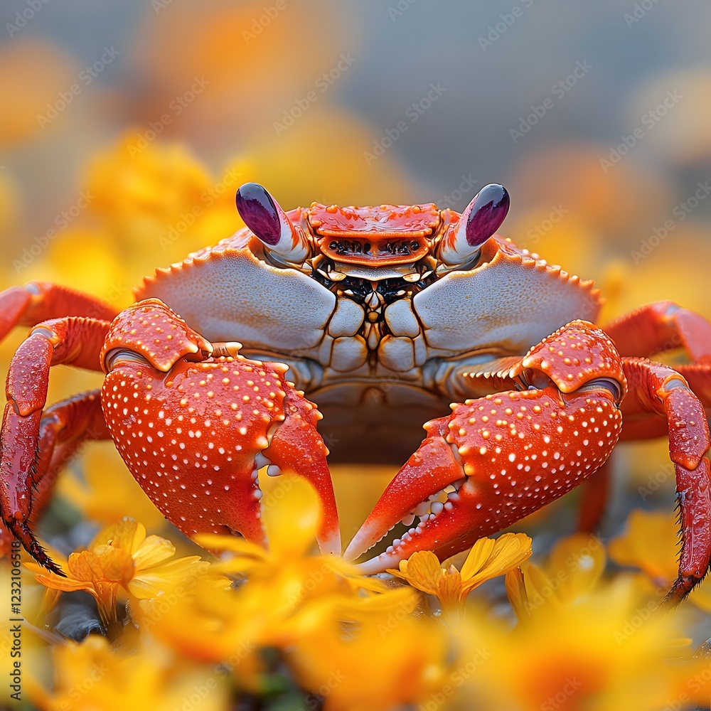 Poster captivating closeup of a red crab in high resolution featuring its detailed shell illuminated under 