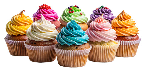 Set of cupcakes with colorful cream on a transparent background.