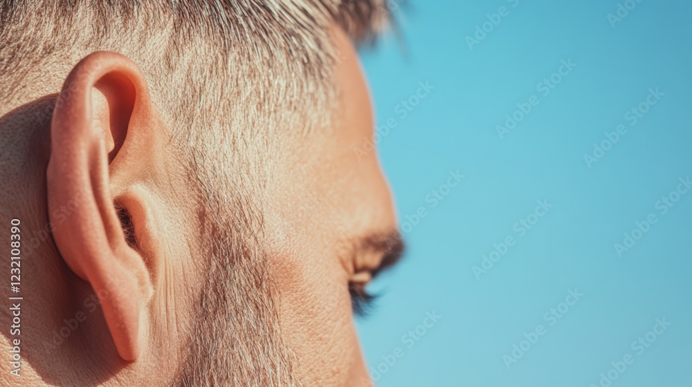 Poster close up of a man's ear against a clear blue sky, emphasizing the sense of hearing and its importanc