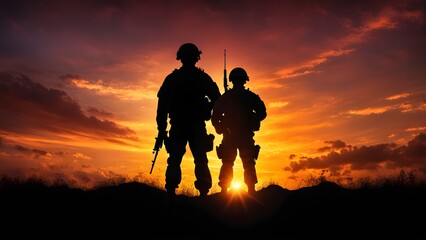 Silhouette of two soldiers standing back-to-back at sunset, holding rifles, against a fiery orange and purple sky.