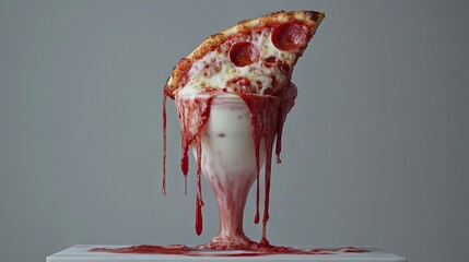 A milkshake with a slice of pizza balanced on the rim, creating an unexpected pairing.