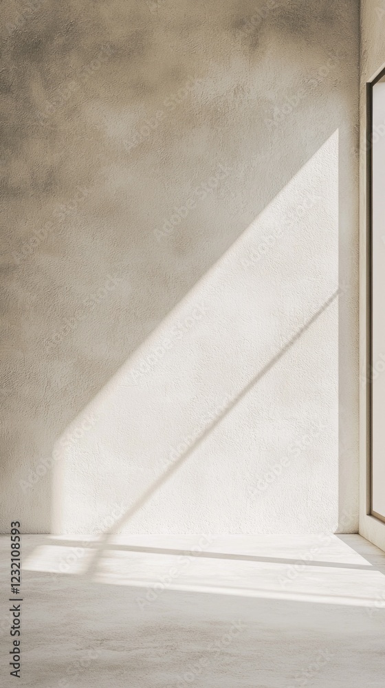 Poster Natural light filters through a large window, illuminating a smooth, white plaster wall. The gentle shadows create an atmosphere of calmness and simplicity, inviting contemplation