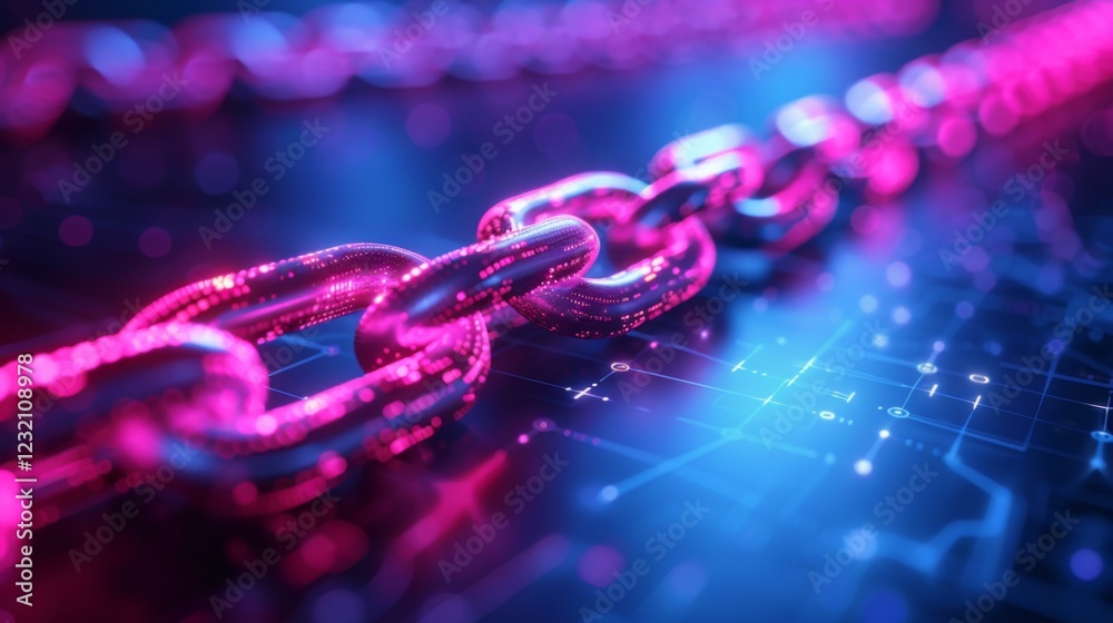 Leinwandbilder close up of glowing neon chain links in blue and pink colors on a futuristic digital backdrop, highl