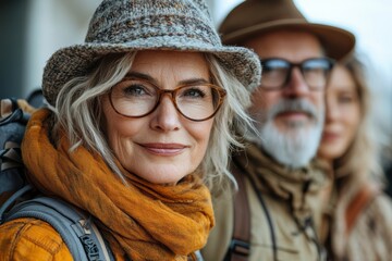 A cheerful senior woman wearing a straw hat and glasses, enjoying a moment of appreciation outdoors, surrounded by friends with bright smiles.