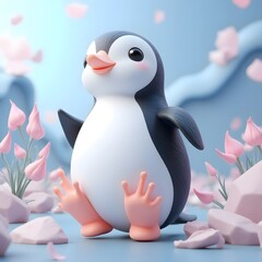 Naklejka premium Adorable Penguin Chick Amidst Pastel Blossoms: A Cute 3D Render