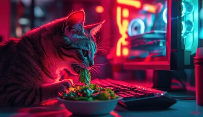 Cyberpunk Cat Enjoys a Healthy Meal