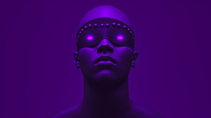 A striking bald male figure with glowing purple eyes stands against a symmetrical, minimalistic dark purple background