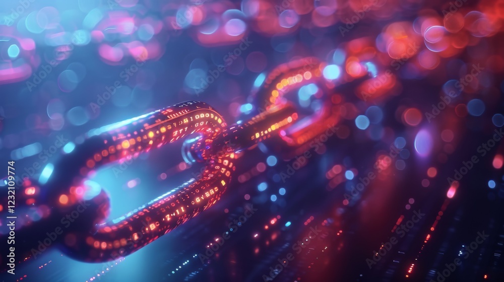 Poster Glowing links connected in a vibrant digital chain create a sense of depth and motion against a blurred background of colorful lights. This futuristic portrayal emphasizes technological connections.