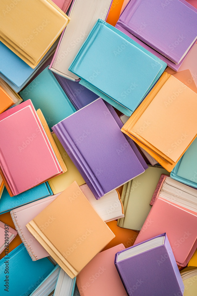 Aufkleber a top-down view of various pastel-colored hardcover books scattered across a surface, representing c