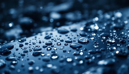 Water Droplets on Dark Blue Surface Closeup Macro Shot