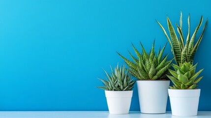 Obraz premium Three potted succulent plant arranged against a vibrant blue wall, showcasing indoor greenery