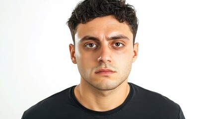 Obraz premium Serious Young Man with Curly Hair Against White Background