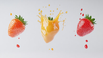 Fresh strawberries floating midair dynamic motion photography white red yellow unique vibrant organic fruit suspended juicy ripe detailed closeup food soft air pastel raw diet still life berry snack