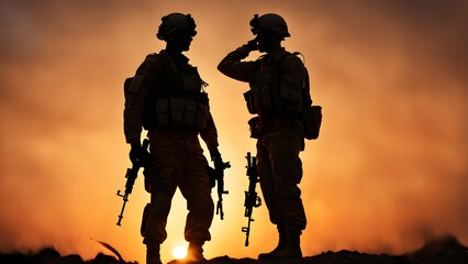 Fototapeta premium Silhouette of two soldiers with rifles, one saluting, at sunset.