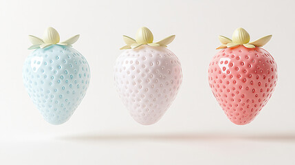 Fresh strawberries floating midair dynamic motion photography white red yellow unique vibrant organic fruit suspended juicy ripe detailed closeup food soft air pastel raw diet still life berry snack