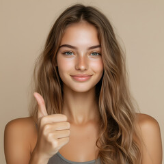 Young woman with thumbs up, expressing positivity and approval, natural beauty portrait with healthy skin and hair