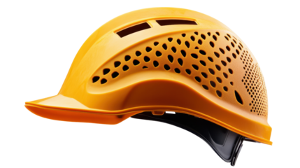 Modern yellow hard hat providing safety and ventilation on transparent background